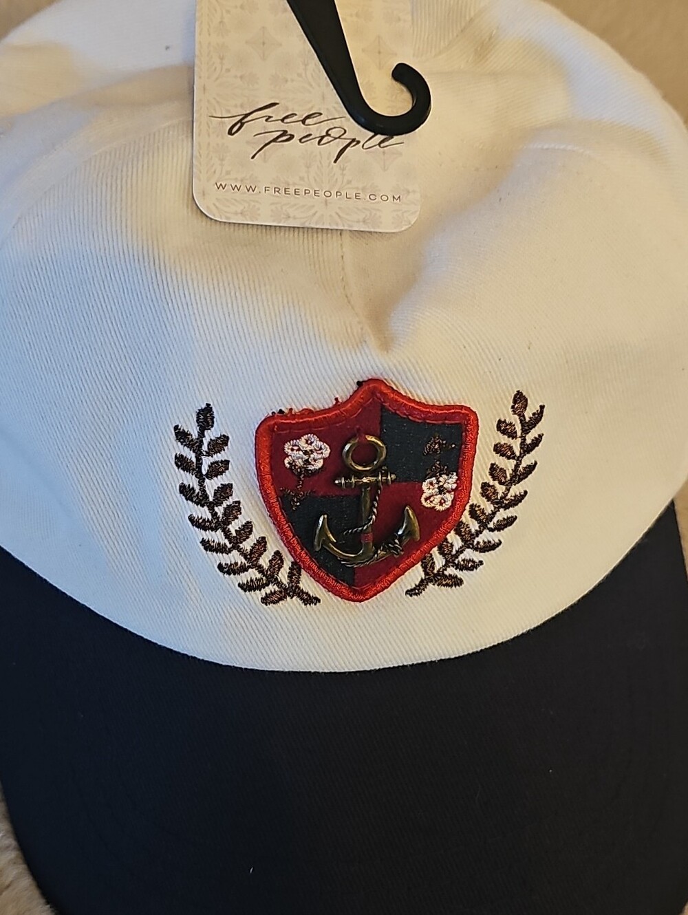 Free People White and Navy Embroidered Anchor Crest Cap